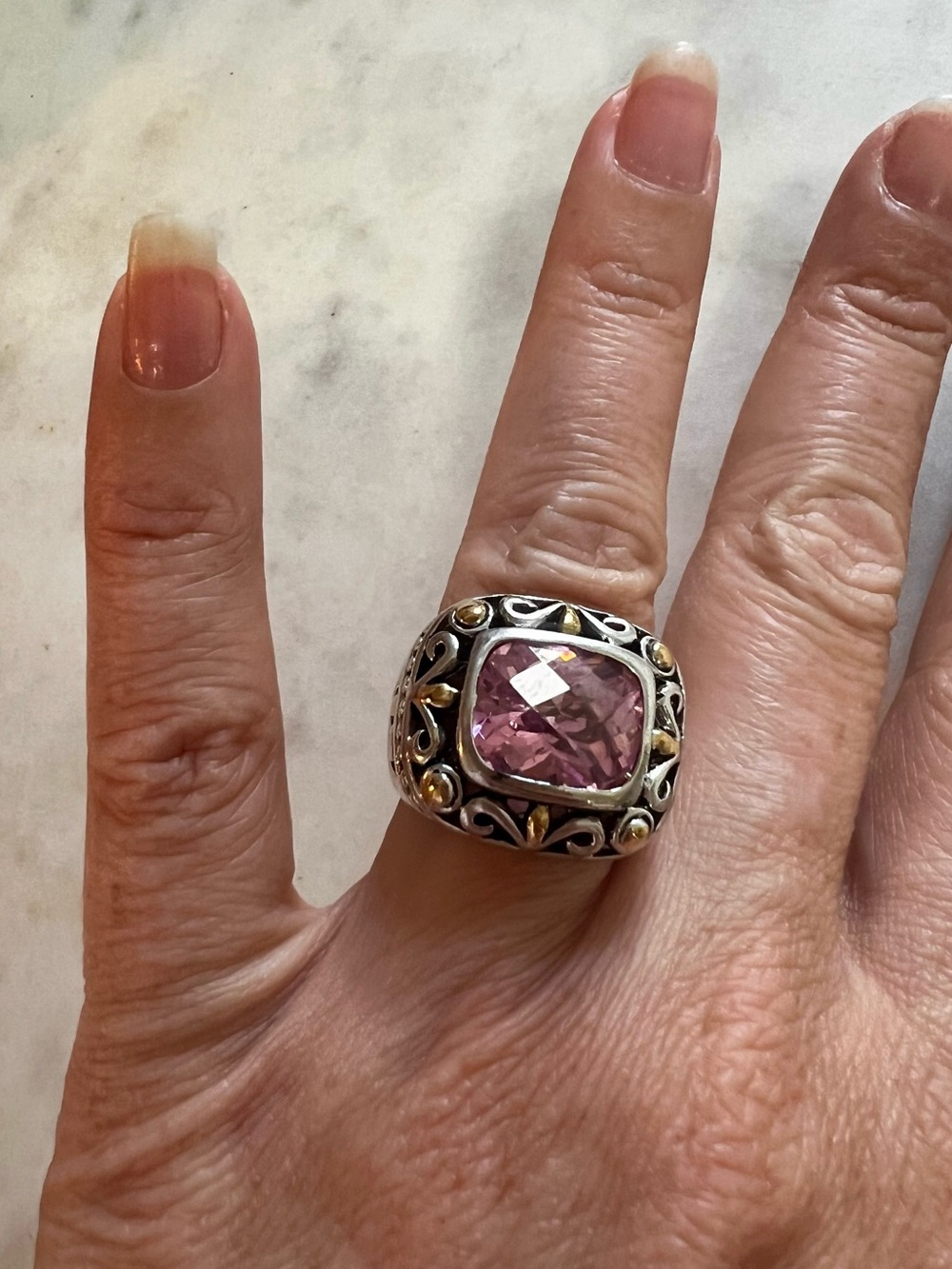 Y2K Baroque Revival Two-Tone Pink CZ Stainless Steel Wide Band Ring Sz 5.5